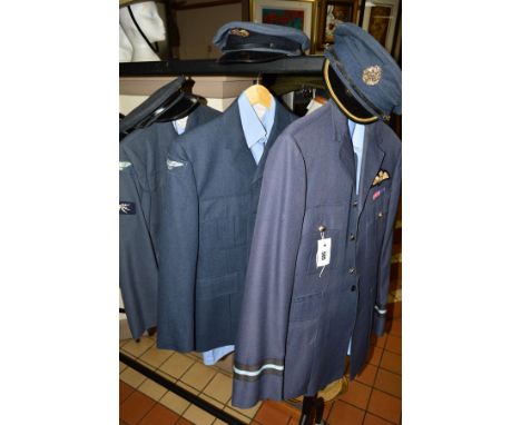 THREE WW2/POST WW2 R.A.F. UNIFORMS, to include No.1 dress jackets, powder blue shirts and trousers, (a) jacket has R.A.F. clo