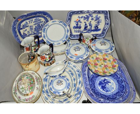 A SET OF THREE LOSOL WARE 'SHANGHAI' GRADUATED JUGS, 'Willow pattern meat platters, chintz cake stand, Booths blue and white 