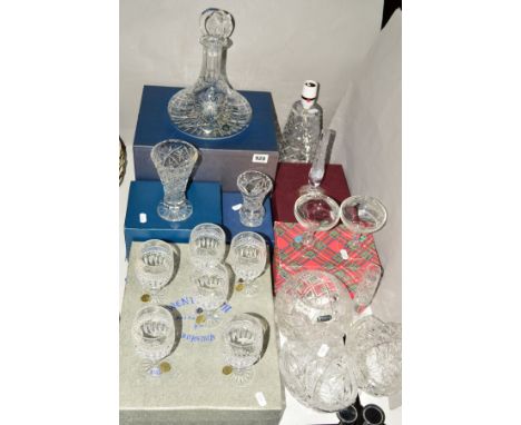 A BOXED ROYAL BRIERLEY SHIPS DECANTER, six boxed Wentworth Bohemian wine glasses, boxed and unboxed vases, bowls and baskets 