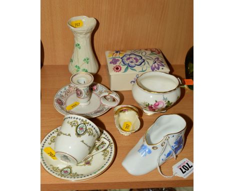 A SMALL GROUP OF ORNAMENTS ETC, to include Herend shoe, Royal Worcester miniature basket and a 'Daphne' coffee cup and saucer