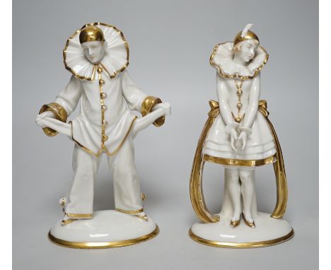 A pair of Sitzendorf Art Deco Pierrot figures, tallest 23cms high