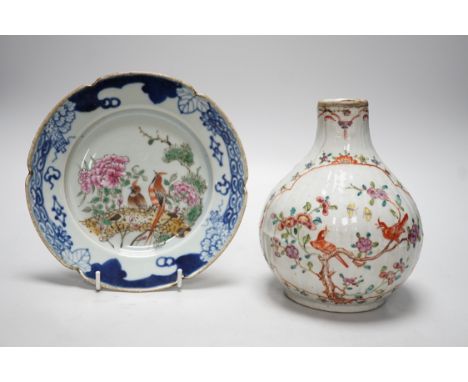 A Chinese Kangxi  period clobbered bottle vase, reduced, height 29.5cm, and a Chinese plate, vase 18cms high