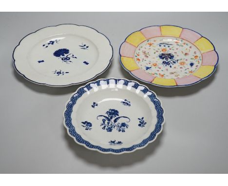 An 18th century Caughley plate printed with Gillyflower variation 5, 20.5cms diameter and two plates with the Carnation patte