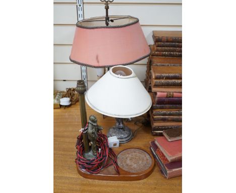 A Sheffield plated figural table lamp, a brass figural ‘Pierrot’ table lamp and An Eastern brass converted lamp with attached