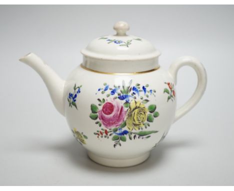 An 18th century Caughley teapot and cover with back to back roses, 15cms high