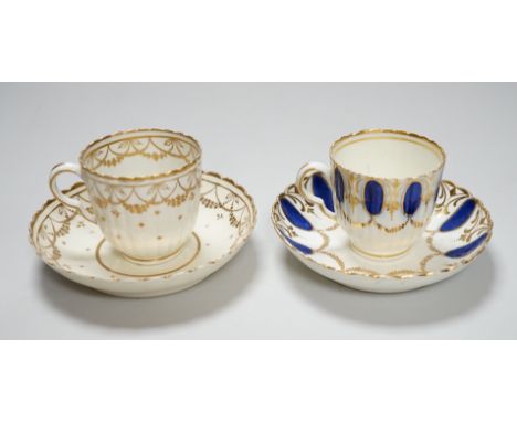 An 18th century Caughley coffee cup and saucer with blue pendants from gilt leafy swags and an 18th century Caughley coffee c