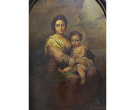Italian School, oil on wooden panel, Portrait of a seated mother and child, arched, 150 x 110cm