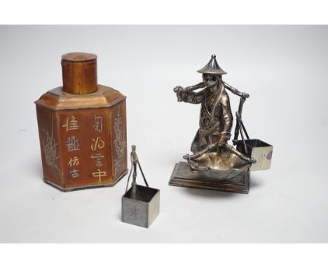 A Chinese pewter tea caddy and a Victorian plated figure of a Chinese basket seller, 16cm