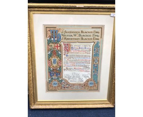 BLACKIE & SON DECORATIVE PANEL,handpainted in the style of an illustrated manuscript, framed and under glass, 85cm x 74cm ove