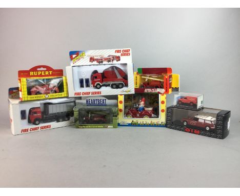 LOT OF VARIOUS MODEL FIRE ENGINES, along with other vehicles, including Bburago, Disney, Road Monster, each in box