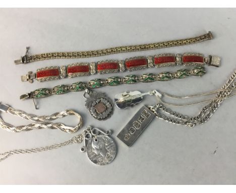 EDWARDIAN, ART DECO AND OTHER SILVER JEWELLERY, including an Edwardian enamelled bracelet, 18cm long, a silver Victorian coin