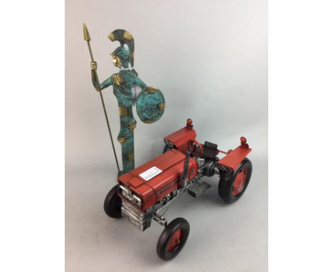 RESIN SCULPTURE OF A TRACTOR, along with a Greco-Roman style figure and plaque, a doll and a ceramic cat figure