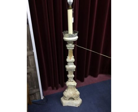 PAINTED AND CARVED WOOD FLOOR LAMP, 146cm high