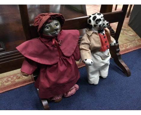 TWO VINTAGE ANTHROPOMORPHIC DOLLS, along with three model castles