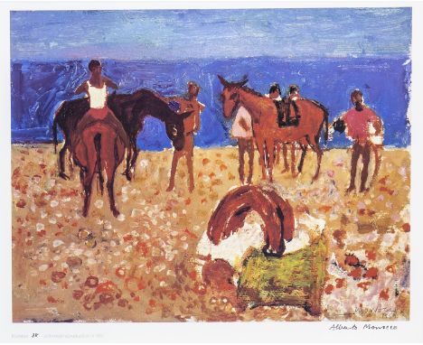 * ALBERTO MORROCCO OBE RSA RSW RP RGI LLD D Univ (SCOTTISH 1919 - 1998), RIDERS ON BEACH, STUDY reproductive print, signed an