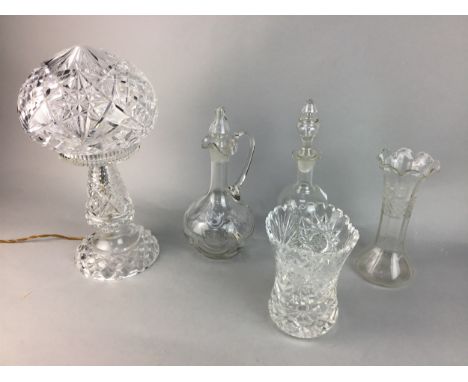 CRYSTAL MUSHROOM SHAPED LAMP, 35cm high, along with crystal glass bowls, jars and decanters