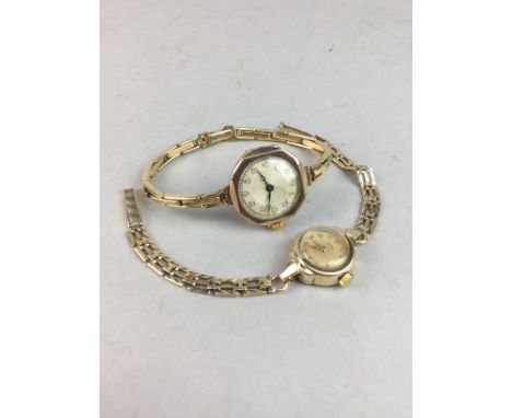 TWO GOLD MANUAL WIND WATCHES, one art deco, with a gold plated strap, the other later, with a nine carat gold strap