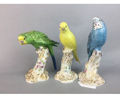 THREE ROYAL WORCESTER BIRDS, including two budgerigars, tallest 18cm high