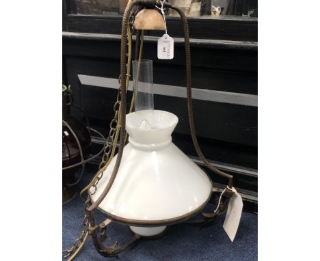 DUTCH OIL LAMP STYLE CEILING LIGHT,in brass, with white glass shades, 60cm high, along with a Port Navigation lamp with red s