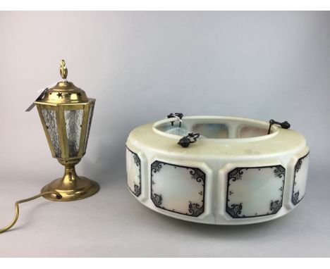 ART DECO STYLE OPAQUE CEILING LIGHT SHADE, of circular drum form, with panels of black decoration, 36cm diameter, along with 