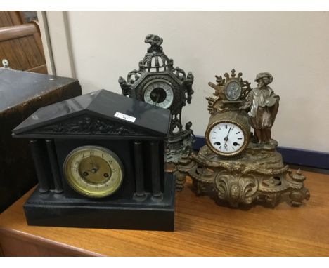 VICTORIAN BLACK SLATE MANTEL CLOCK, 27cm high, along with two other mantel clocks (3)