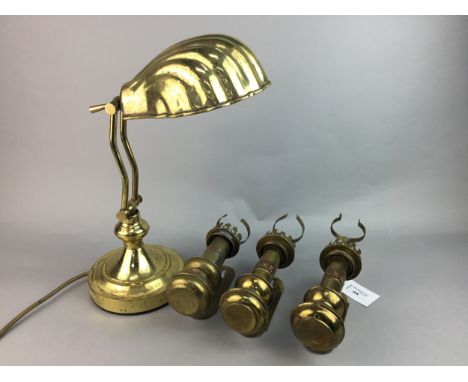 PAIR OF 'GWR' GREAT WESTERN RAILWAYS BRASS CARRIAGE CANDLE LAMPS, each 25cm high, along with a smaller GWR brass candle lamp 