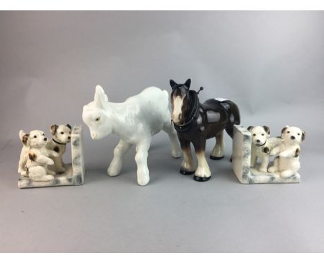 PAIR OF CERAMIC 'PUPPY' BOOK-ENDS, along with a group of ceramic animal figures and a wood figure of a duck