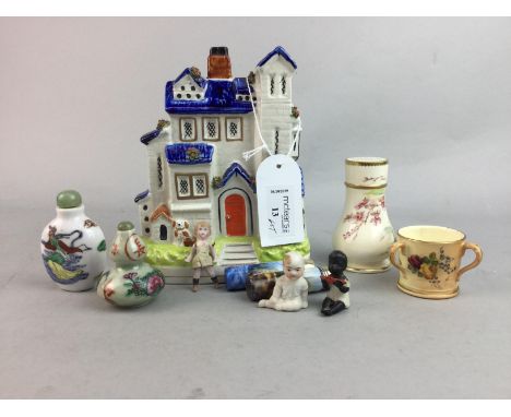 COALPORT SALT AND PEPPER, along with ceramic fairings and miniature dolls, two Chinese snuff bottles, two scent bottles and a