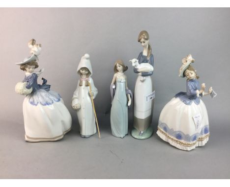 LLADRO FIGURE OF A GIRL HOLDING A LAMP, 27cm high, along with two other Lladro figures and two Nao figures (5)