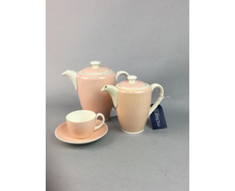 POOLE POTTERY COFFEE SERVICE, in pale pink and cream, along with a Royal Crown Derby dish