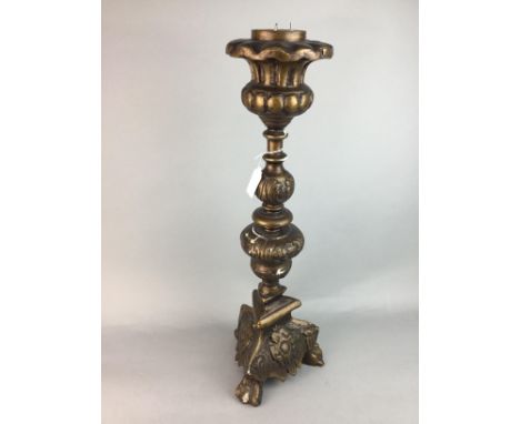 GILT WOOD ALTAR STYLE CANDLESTICK, along with a carved wood wall shelf (2)