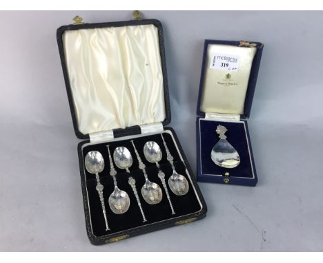 MAPPIN &amp; WEBB SILVER CADDY SPOON, in fitted case, along with a set of six silver teaspoons in fitted case, a set of six s