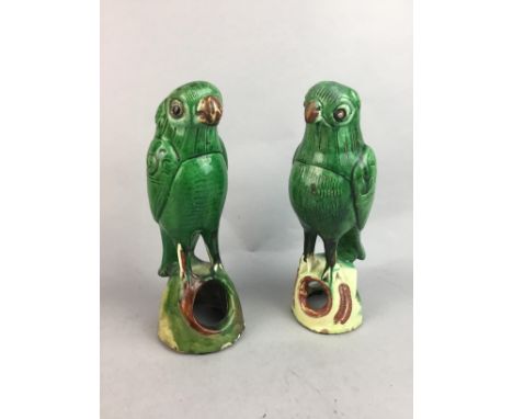 PAIR OF CHINESE BIRD FORM INCENSE BURNERS, along with a ceramic bust of Queen Elizabeth II and a pair of figural sculptures s