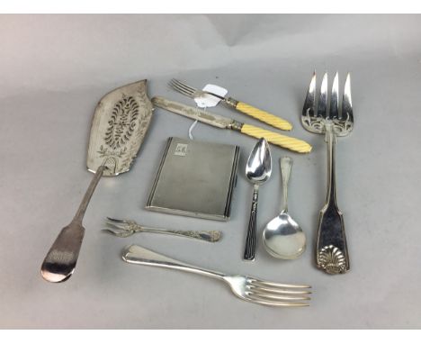 SILVER ENGINE-TURNED CIGARETTE CASE, along with a collection of plated cutlery, Victorian dessert knives and forks, pair of p