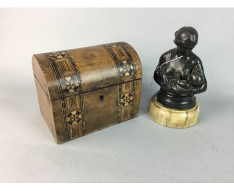 BRONZED METAL FIGURE OF A MOTHER FEEDING HER CHILD, along with a Victorian inlaid walnut tea caddy (2)