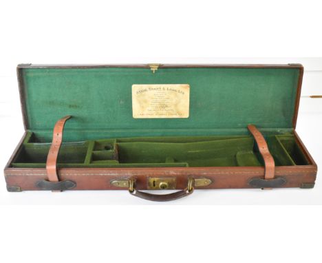 Atkin, Grant &amp; Lang brass and leather bound shotgun carry case with fitted interior and 'Atkin, Grant &amp; Lang Ltd Esta