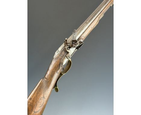 Tyrolean or Austrian flintlock wildfowling or sporting gun with engraved lock and hammer, carved and engraved stock, brass sc