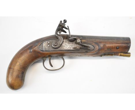 Unnamed 20 bore flintlock coat pistol with engraved lock, top strap, brass trigger guard and mounts, brass tipped wooden ram-