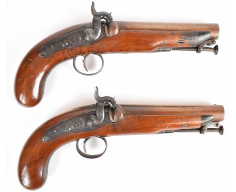 A pair of of George Farmer of Cardiff 16 bore percussion hammer action pistols each with lock engraved 'G Farmer', engraved s