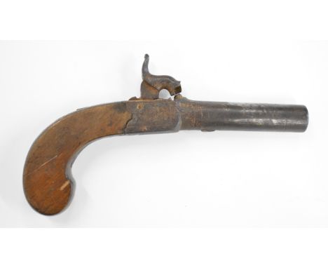 Unnamed percussion hammer action pocket pistol with engraved lock and hammer, chequered grip, vacant wrist cartouche, folding