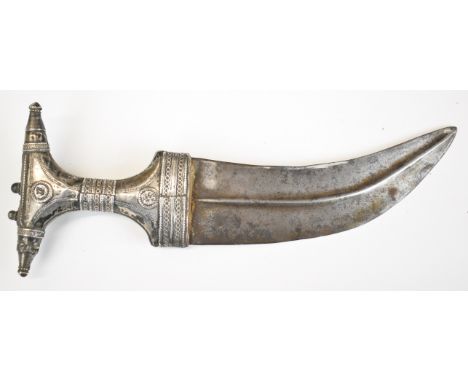 Middle Eastern Jambiya dagger with white metal handle and 21cm curved blade.&nbsp;PLEASE NOTE: WE ARE NOT ABLE TO OFFER OUR U
