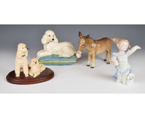 Beswick and Border Fine Arts poodle figures, Beswick donkey and a Nao figure of a girl with poodle, tallest 15cm