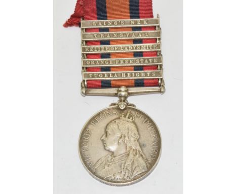 Queen's South Africa Medal with clasps for Tugela Heights, Orange Free State, Relief of Ladysmith, Transvaal and Laing's Nek 