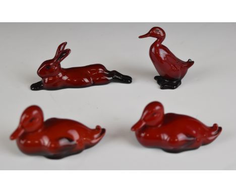 Four Royal Doulton flamb&eacute; animals comprising three ducks and a hare, tallest 6cm&nbsp;