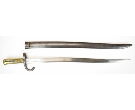 French 1866 pattern chassepot bayonet with some stamps to ricasso and quillon, a 57cm yataghan blade and scabbard.&nbsp;PLEAS