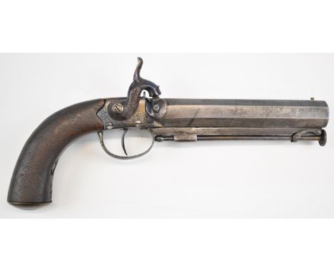 English 16 bore&nbsp;percussion hammer action 'man stopper' belt pistol with engraved lock, hammer top plate, trigger guard a