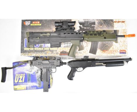 Three airsoft guns comprising Cybergun Micro Uzi, Hop Up L85-A1 assault rifle style and an Auto Hardball pump-action shotgun,
