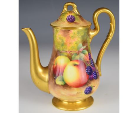 Royal Worcester painted fruit coffee or teapot decorated with peaches, grapes and blackberries, signed Ayrton, H16.5cm