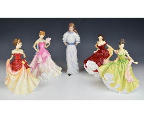 Royal Copenhagen figurine of a girl holding her hat behind her back, and a set of four Royal Doulton figures Spring, Summer, 