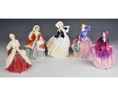 Five Royal Doulton figurines comprising Sweet Anne, Blithe Morning, Noelle, The Ermine Coat and Autumn Breezes in black and w